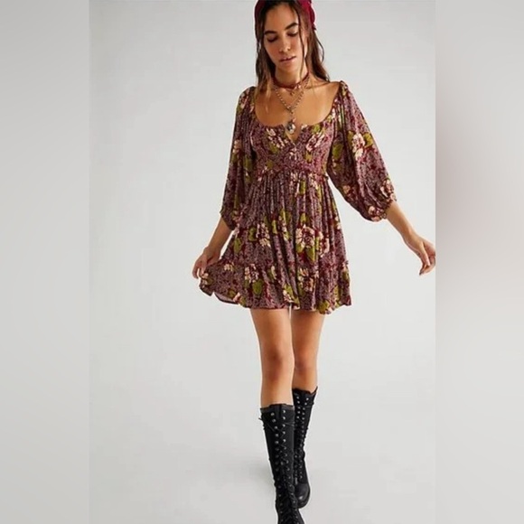 Free People Summer Picnic Printed Mini Dress Raisin - Picture 1 of 7